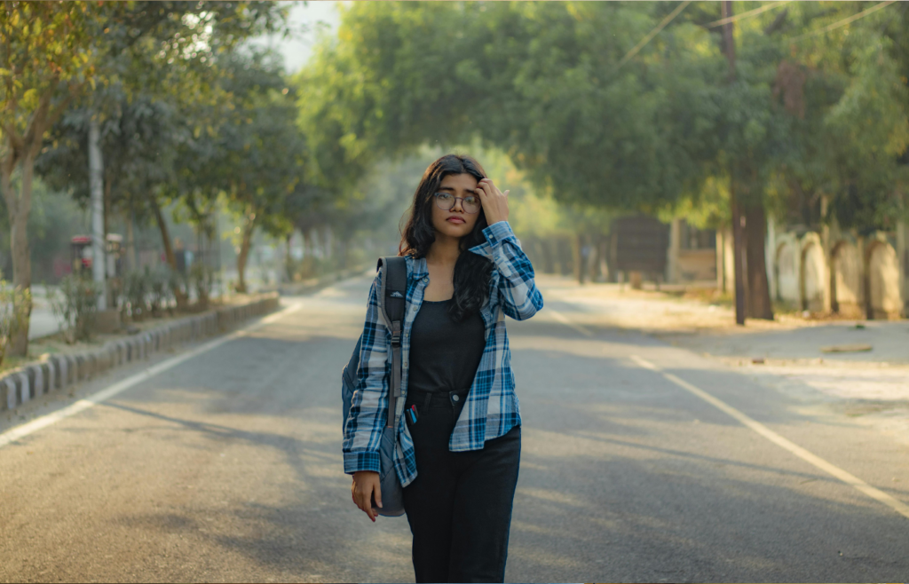 A traveler wearing AR glasses