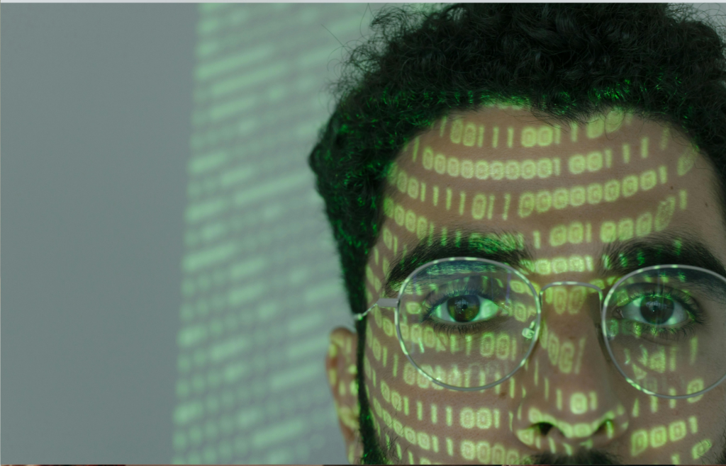 A person looking at a digital privacy warning through their AR glasses