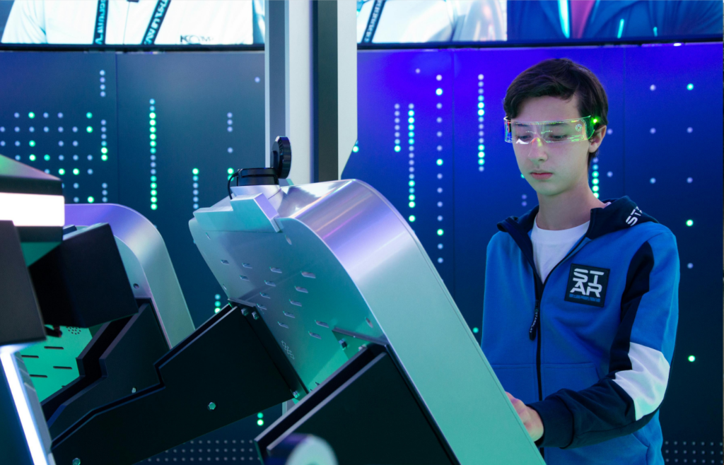 A futuristic AR glasses display showcasing various smart features