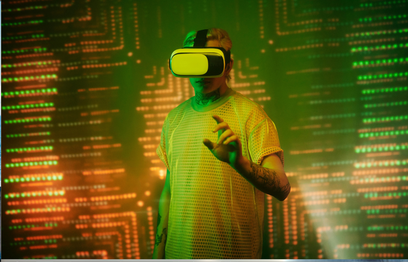 A futuristic concept of a person interacting with a floating digital interface using wearable tech