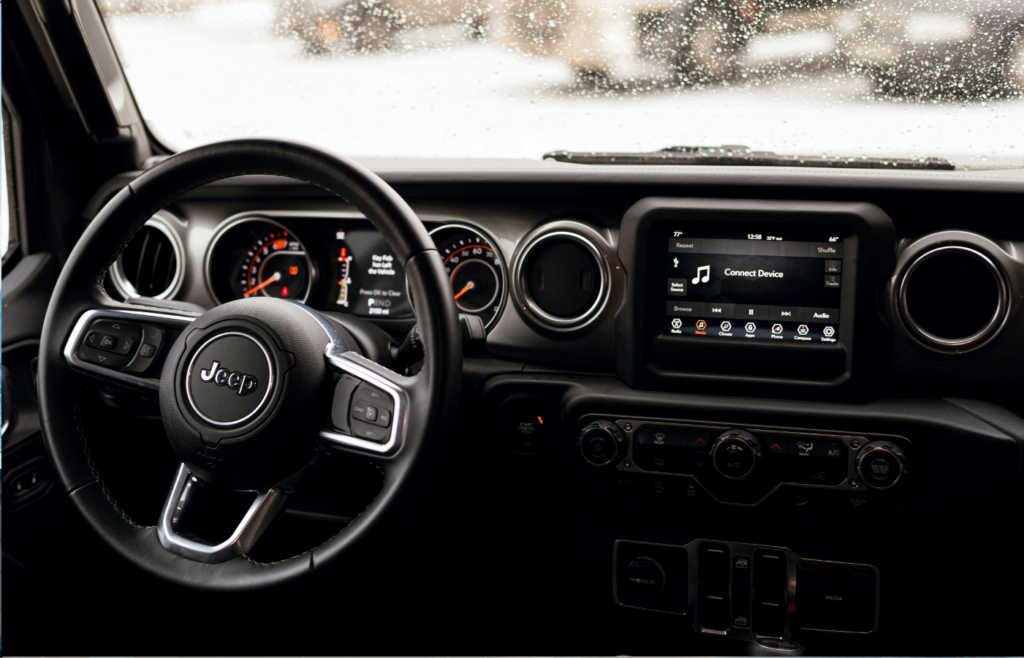 A modern car dashboard with a digital display