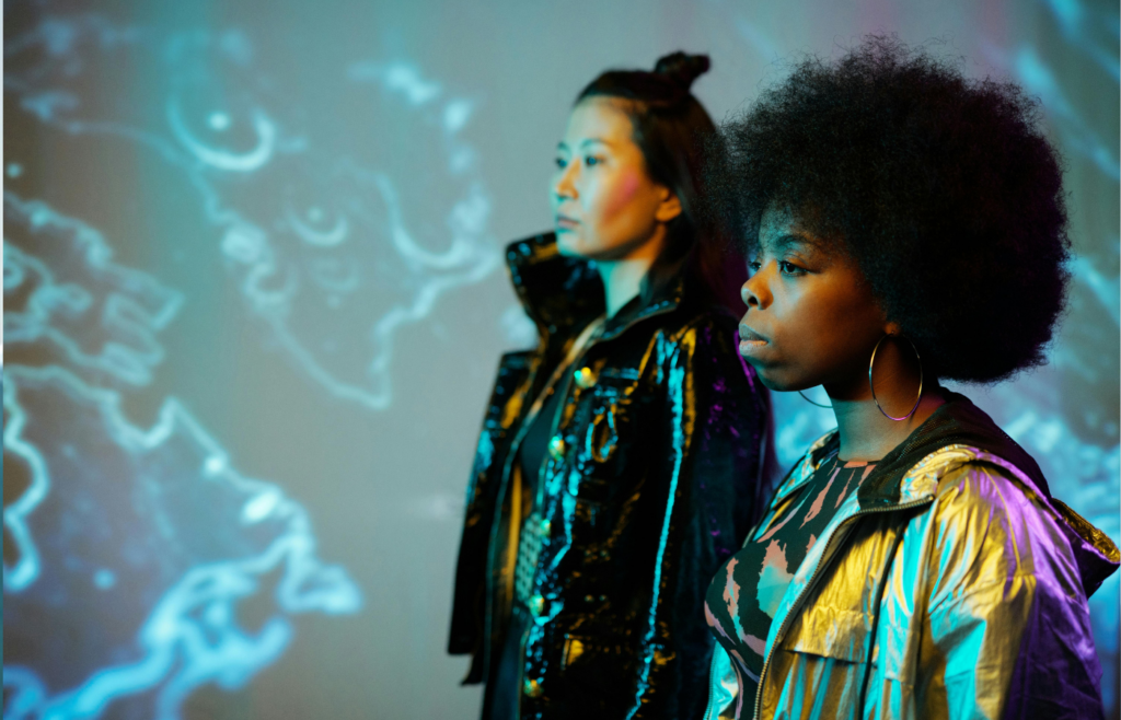 A futuristic jacket shifting colors under different lighting conditions