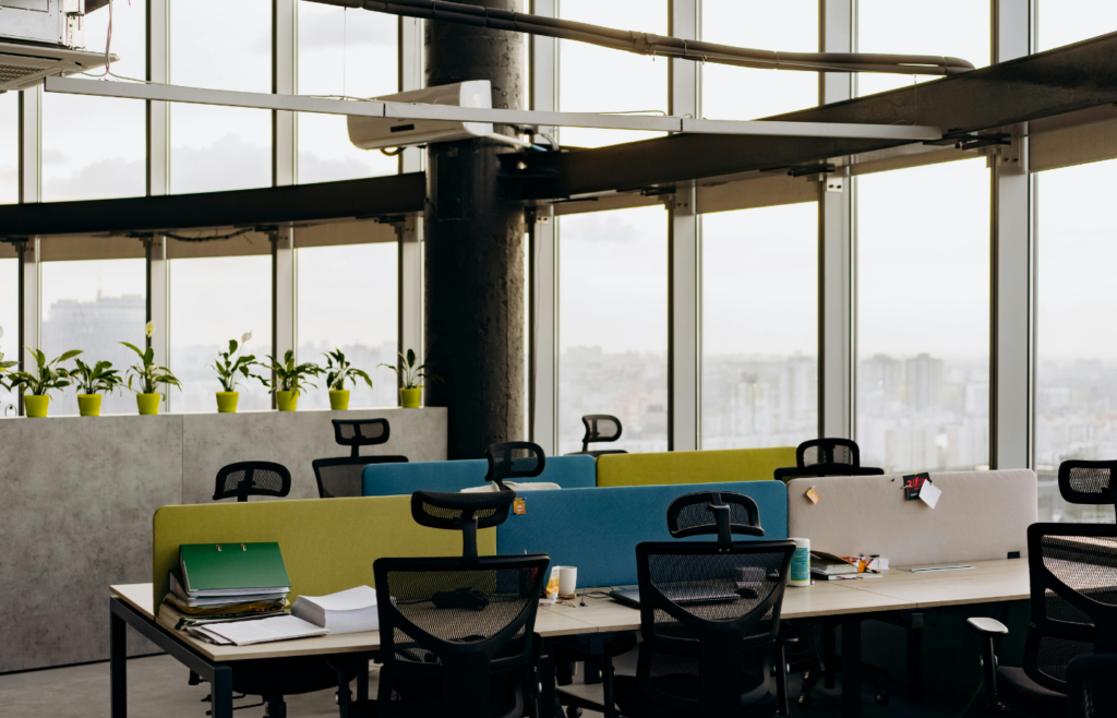 A WeWork office space with empty desks