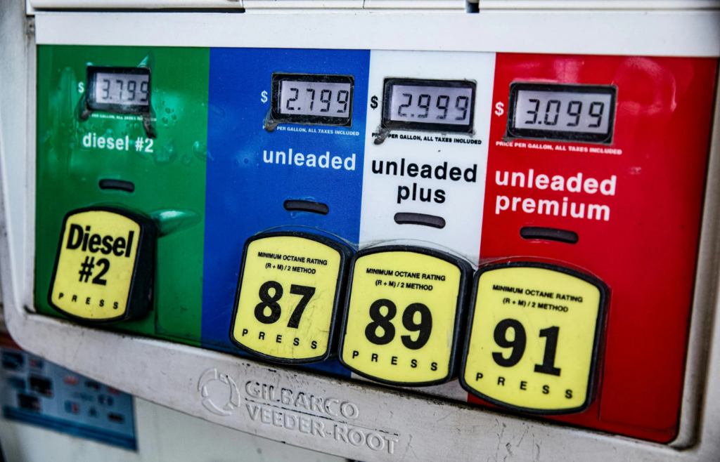 Close-up of fuel grade options at a gas pump