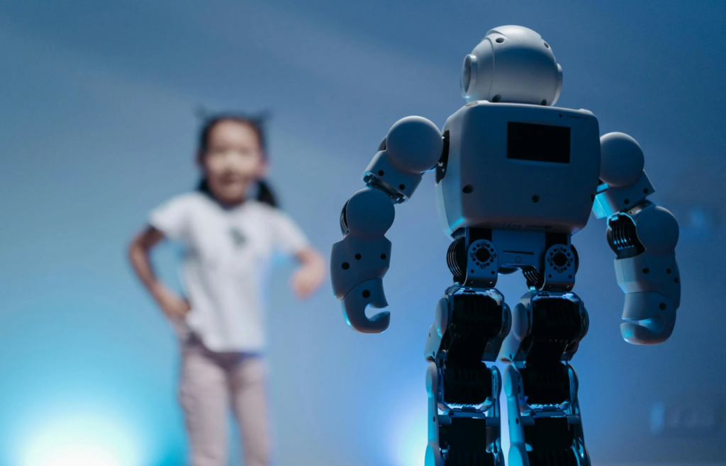 Child interacting with an educational robot