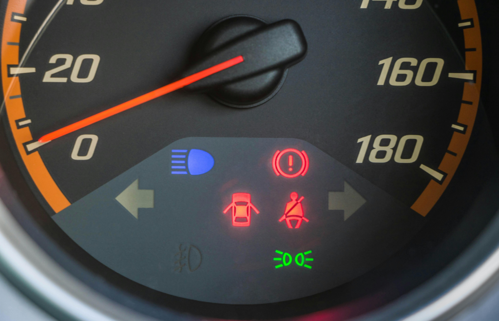 A Speedometer with Door, Hand Break and Seatbelt Sign